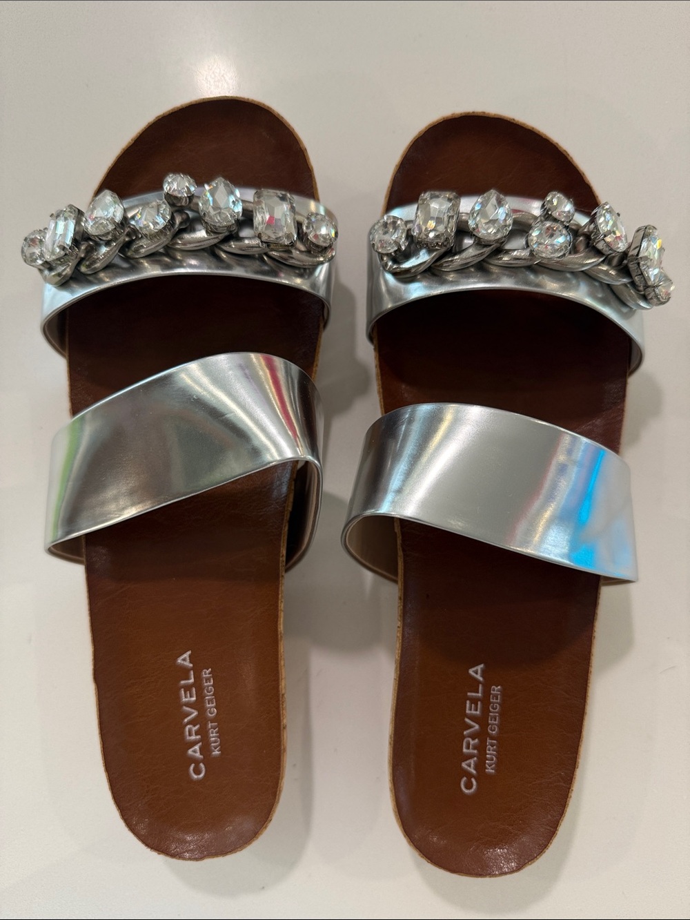 Silver Jeweled Slide Sandals for Women